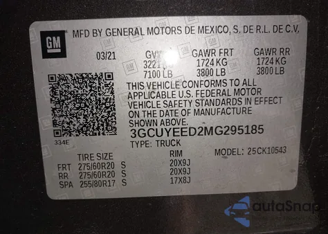 2021 Chevrolet Silverado 1500 4Wd Short Bed Rst z USA, uszkodzony, nr VIN 3GCUYEED2MG295185